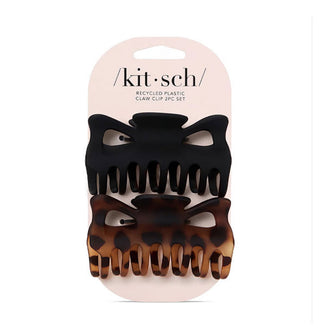 Two Recycled Plastic Claw Clips on light pink Kitsch product card, one matte black and the other matte brown tortoise