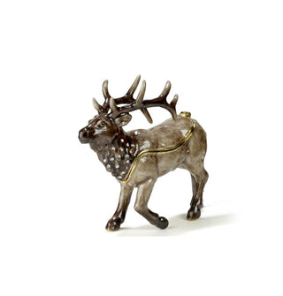 Decorative painted box in the shape of an antlered elk with several crystal accents on its neck mane and a gold rim outlining the lid closure which makes up the elk's upper body