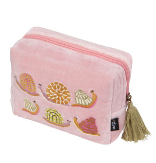 Rectangular velvet pink pouch with six embroidered snails and a green zipper tassel