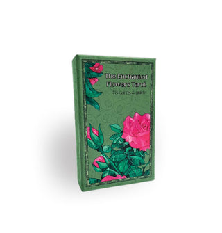 Green box of The Enchanted Flowers Tarot cards designed with an illustration of pink roses and lush greenery