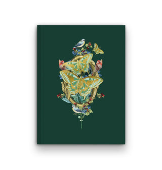 Dark green notebook cover features a dense, gold-accented illustration of butterflies and birds