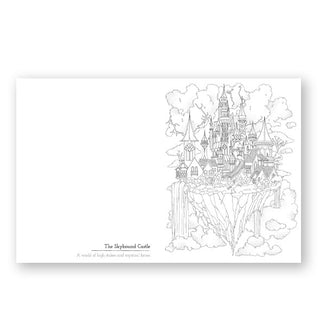 Illustration from Epic Love: A Romantasy Coloring Book titled, "The Skybound Castle"