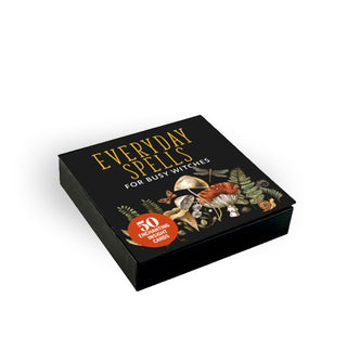 Flat square black box of Everyday Spells for Busy Witches features colorful, intricate mushroom, fern, and snail illustrations