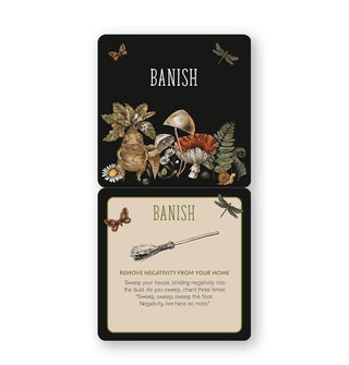 Opened "Banish" card features a magical ritual to "Remove negativity from your home" accented by colorful, intricate botanical illustrations