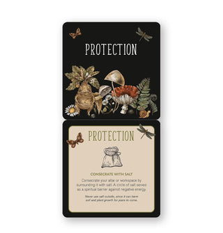 Opened "Protection" card features a magical ritual to "Consecrate with salt" accented by colorful, intricate botanical illustrations