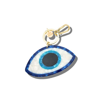 Blue and white acetate evil eye charm on gold keyring with tab and lobster clasp attached