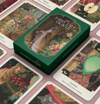  Box for and samples of The Fairy Tale Oracle card deck featuring colorful collage-style artwork