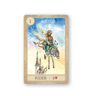 Rider (9 of hearts) card from the Fairy Tale Lenormand deck features illustration of a Middle Eastern man riding a white horse through the sky over colorful spires