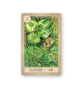 Clover (6 of diamonds) card from the Fairy Tale Lenormand deck features illustration of a sleeping figure with arms crossed over chest surrounded by large green foliage