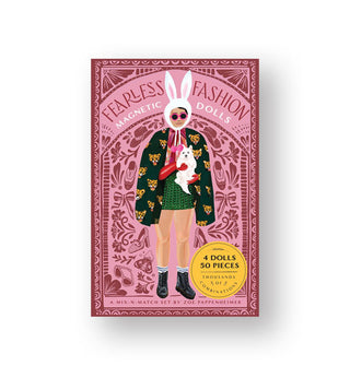 Fearless Fashion Magnetic Dolls box features pink patterning surrounding a central figure wearing an eclectic outfit and holding a small white dog
