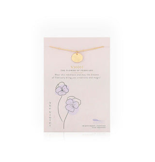 Birth month flower necklace card features the flower for February: Violet