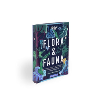 Dark blue Ridley's Flora & Fauna game box featuring green and blue tropical plant illustrations accented with flowers, butterflies, and a partially obscured leopard
