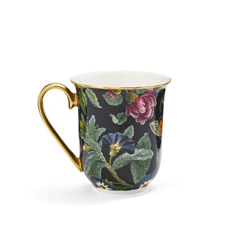 Mug with lush floral pattern on a black background features and a gold rim and handle
