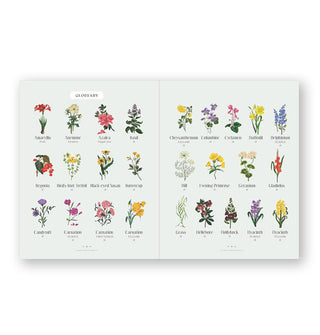 Glossary page spread from Floral Estrangements featuring 26 colorful, labeled floral illustrations