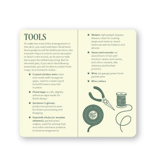 Page spread from The Floral Project Deck guidebook features a section titled, "Tools" with illustrations