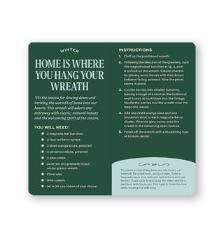 Page spread from The Floral Project Deck guidebook features a section titled, "Home Is Where You Hang Your Wreath" with bullet points and instructions