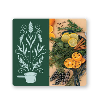 Page spread from The Floral Project Deck guidebook features a photograph of aromatic botanicals in a frying pan alongside an ornamental illustration of plants and swirls emerging from a cooking vessel