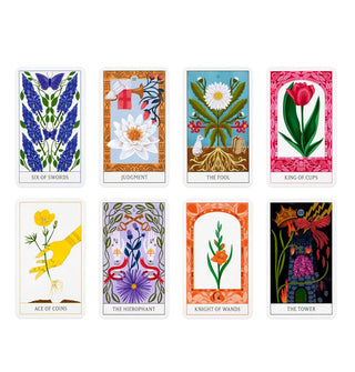 Sample cards from the Floral Tarot deck include Six of Swords, Judgement, The Fool, King of Cups, Ace of Coins, The Hierophant, Knight of Wands, and The Tower, all represented by different flower illustrations