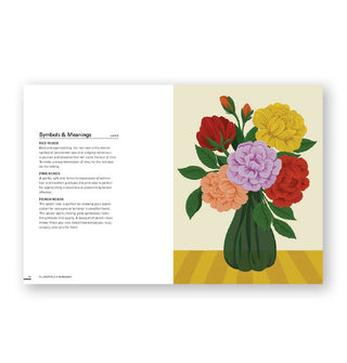 Page spread from Floraphile's Almanac features a chapter on the Rose alongside a full-page color illustration of a bouquet in a vase