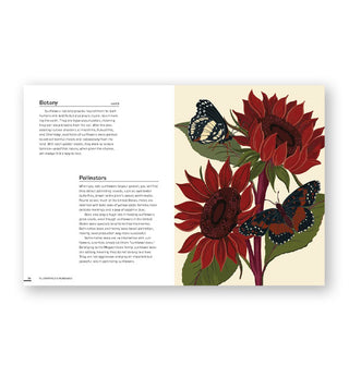 Page spread from Floraphile's Almanac features sections titled, "Botany" and "Pollinators" alongside a full-page illustration of two large red flowers visited by a red butterfly and yellow butterfly