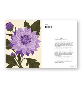 Page spread from Floraphile's Almanac features a chapter on the Dahlia alongside a full-page color illustration of the flower