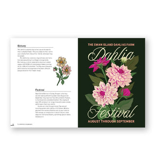 Page spread from Floraphile's Almanac features sections on the Botany and Festival of the Dahlia alongside a full-page illustration of a flyer for the event