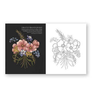 Page spread from The Floriography Coloring Book features a "Forgotten Obligation Bouquet" illustration at left on black with a line drawing of the same image at right to be colored in