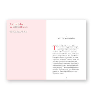 Page spread from Flower Finding features Chapter 1: Meet the Wildflowers alongside a quote by Ella Wheeler Wilcox: "A weed is but an unloved flower!"