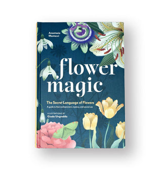 Blue cover of Flower Magic: The Secret Language of Flowers features colorful floral illustrations along its b order