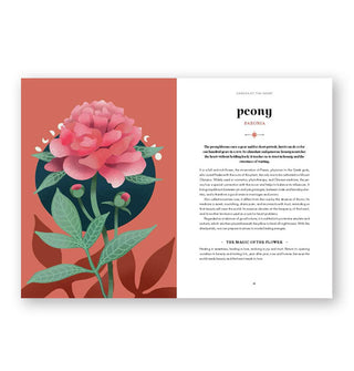 Page spread from Flower Magic: The Secret Language of Flowers features a chapter introduction on the peony alongside colorful full-page illustration
