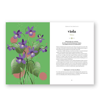 Page spread from Flower Magic: The Secret Language of Flowers features a chapter introduction on the viola alongside colorful full-page illustration