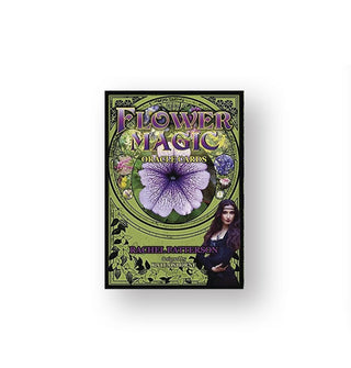 Flower Magic Oracle Cards box with purple flower photograph in an ornate green border and a woman with arms folded in the bottom right corner