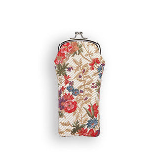 Fabric eyeglass pouch with gold kisslock frame and hardware features colorful floral print