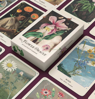 Box for and samples of The Flower Oracle deck of cards featuring colorful botanical collage artwork