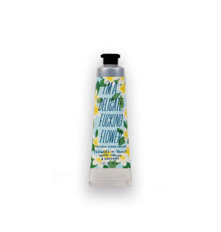 Silver 2 ounce tube of I'm a Delicate Fucking Flower Natural Hand Cream in Flowers of Tahiti With Melon & Coconut fragrance