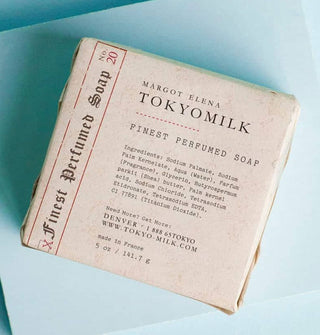 Wrapped bar of Margot Elena TokyoMilk Finest Perfumed Soap features printed ingredients