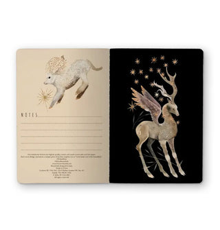 Notebook interior features illustrations of a lamb and winged, antlered deer-like creature accented with magical symbols and a space to write "Notes"