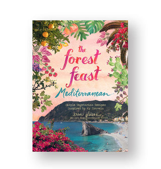 Cover of The Forest Feast: Mediterranean by Erin Gleeson features an illustrated rocky coastline with a border of lush vegetation