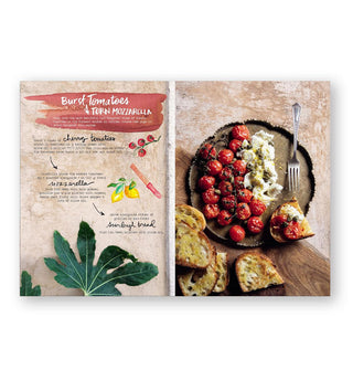 Page spread from The Forest Feast: Mediterranean features a recipe for Burst Tomatoes & Torn Mozzarella with photograph