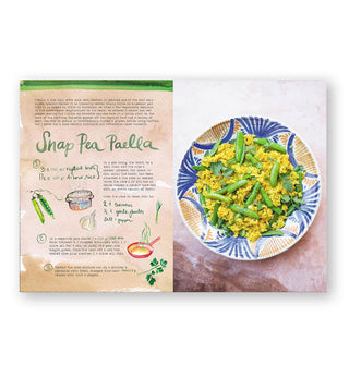 Page spread from The Forest Feast: Mediterranean features a recipe for Snap Pea Paella with photograph and illustrations