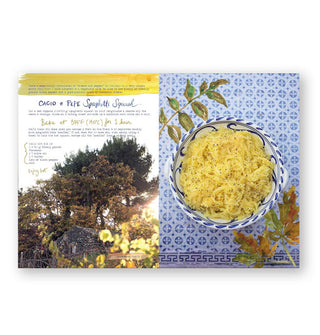Page spread from The Forest Feast: Mediterranean features a recipe for Cacio e Pepe Spaghetti Squash with photographs