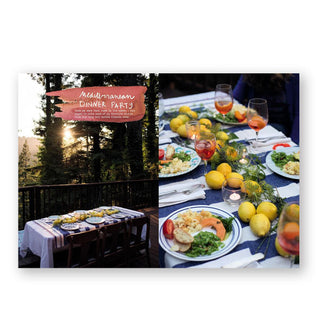 Page spread from The Forest Feast: Mediterranean features a section titled, "Mediterranean Dinner Party" with scenic photography
