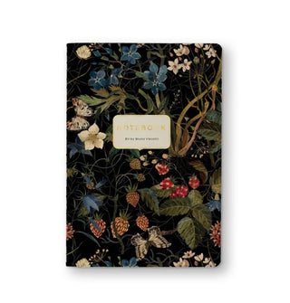 Black notebook cover with intricate floral and butterfly designs