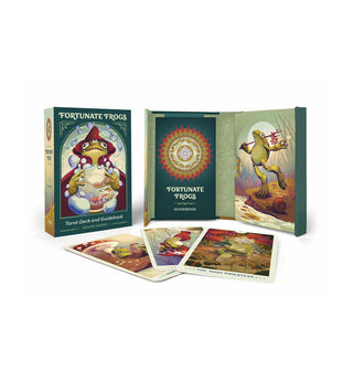 Contents of the Fortunate Frogs tarot deck: box, booklet, and a small spread of included cards