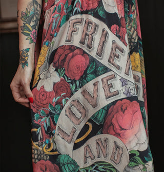 Closeup of floral "Friendship, Love and Truth" dress print