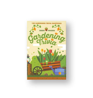 Box of Green Fingers Gardening Trivia cards features illustration of a wooden wheelbarrow full of flowers in an outdoor scene