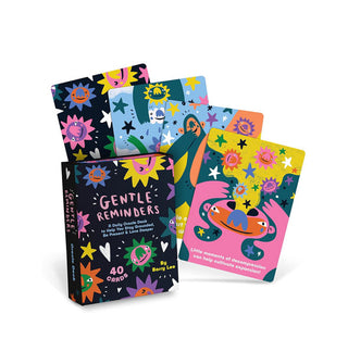 Box and sample spread of Gentle Reminders daily oracle cards feature colorful playful illustrations