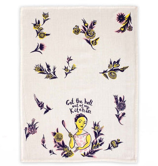 White dish towel with illustration of a woman holding a spoon at the bottom and floral illustrations scattered around says, "Get the hell out of my kitchen"