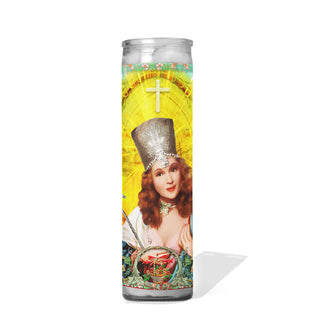Tall glass prayer candle with colorful label depicting Glinda the Good Witch from The Wizard of Oz as a saint