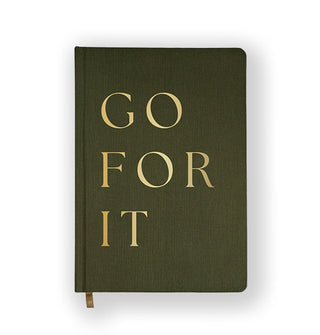 Olive green fabric journal cover says, "Go for it" in large gold foil lettering